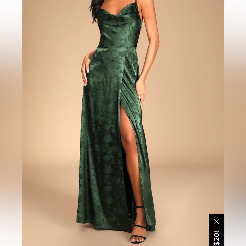 Lulu’s Simply Dreamy Emerald Green Satin Floral Jacquard Maxi Dress